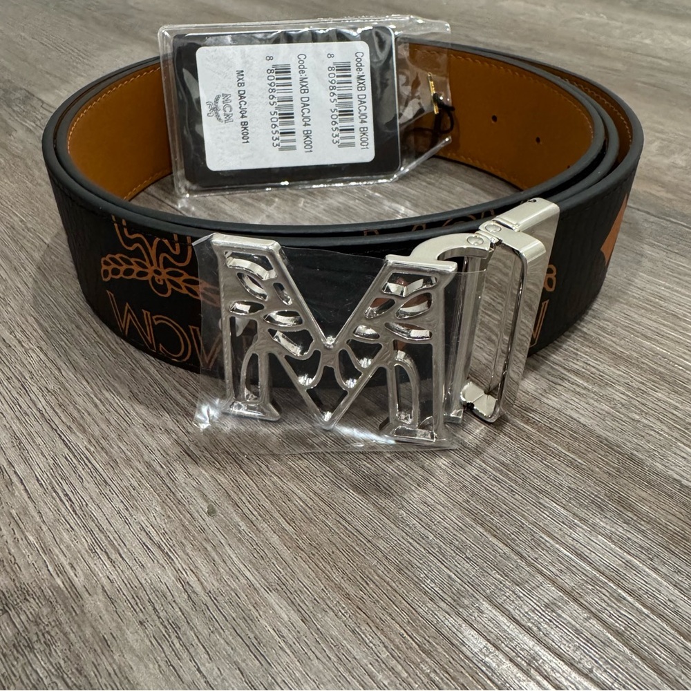 MCM Claus Maxi Monogrammed VI Logo Reversible Belt in Black Silver Buckle